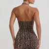 Alena Ruched Halterneck Bodycon Mini Dress in Leopard