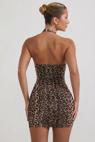 Alena Ruched Halterneck Bodycon Mini Dress in Leopard