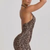 Alena Ruched Halterneck Bodycon Mini Dress in Leopard