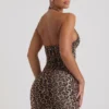 Alena Ruched Halterneck Bodycon Mini Dress in Leopard