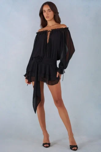 Alessia Off-Shoulder Balloon-Sleeve Mini Dress in Black