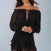 Alessia Off-Shoulder Balloon-Sleeve Mini Dress in Black