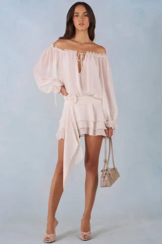 Alessia Off-Shoulder Balloon-Sleeve Mini Dress in Ivory