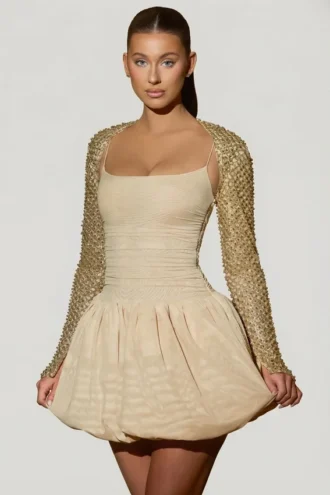 Aletta Embellished Bubble Hem Mini Dress in Gold