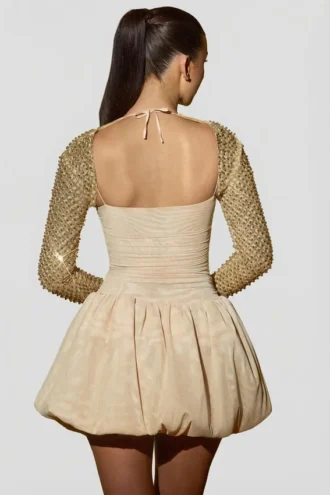Aletta Embellished Bubble Hem Mini Dress in Gold