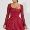 Aletta Embellished Bubble Hem Mini Dress in Red
