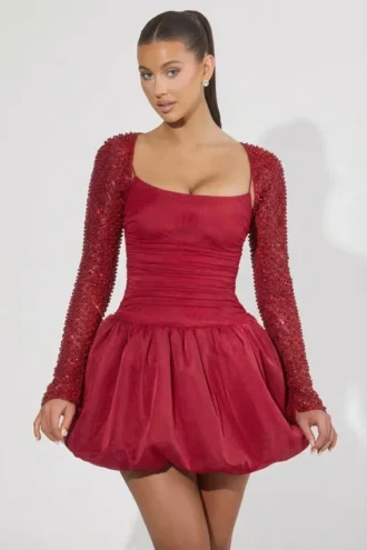 Aletta Embellished Bubble Hem Mini Dress in Red