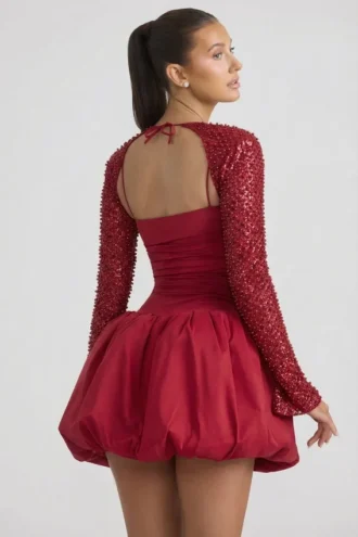 Aletta Embellished Bubble Hem Mini Dress in Red