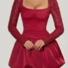 Aletta Embellished Bubble Hem Mini Dress in Red