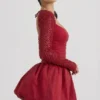 Aletta Embellished Bubble Hem Mini Dress in Red