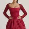 Aletta Embellished Bubble Hem Mini Dress in Red