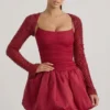 Aletta Embellished Bubble Hem Mini Dress in Red