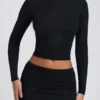 Alia Modal Ruched Long-Sleeve Top in Black