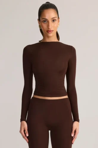 Alia Modal Ruched Long-Sleeve Top in Chocolate Brown