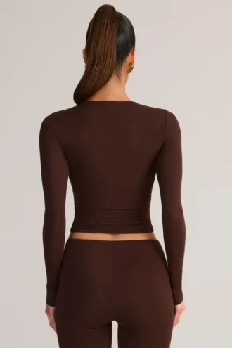 Alia Modal Ruched Long-Sleeve Top in Chocolate Brown