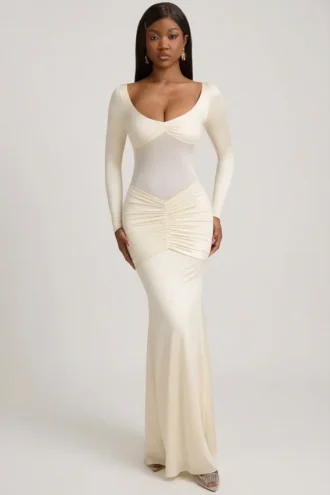 Alila Bow-Detail Ruched Maxi Dress in Ivory