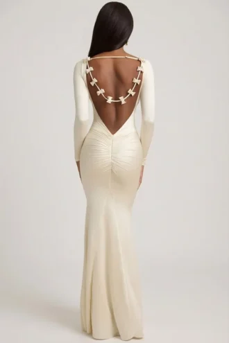Alila Bow-Detail Ruched Maxi Dress in Ivory