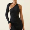 Alina Asymmetric Ruched Open-Back Mini Dress in Black
