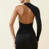 Alina Asymmetric Ruched Open-Back Mini Dress in Black