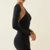 Alina Asymmetric Ruched Open-Back Mini Dress in Black