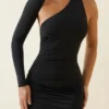 Alina Asymmetric Ruched Open-Back Mini Dress in Black