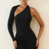 Alina Asymmetric Ruched Open-Back Mini Dress in Black