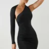 Alina Asymmetric Ruched Open-Back Mini Dress in Black
