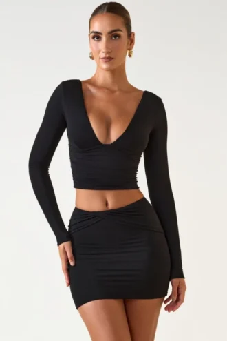 Aliz Modal Twist-Front Mid-Rise Mini Skirt in Black