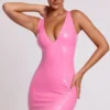 Allani Vinyl Plunge Neck Bodycon Mini Dress in Pink