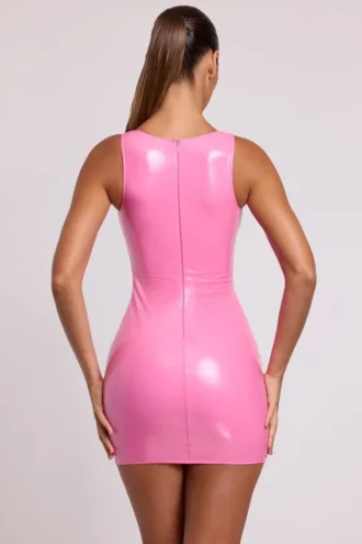 Allani Vinyl Plunge Neck Bodycon Mini Dress in Pink