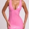 Allani Vinyl Plunge Neck Bodycon Mini Dress in Pink