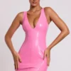Allani Vinyl Plunge Neck Bodycon Mini Dress in Pink