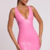 Allani Vinyl Plunge Neck Bodycon Mini Dress in Pink