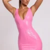 Allani Vinyl Plunge Neck Bodycon Mini Dress in Pink
