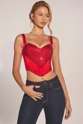 Allure Sweetheart-Neck Lace-Up Corset Top in Rose Red
