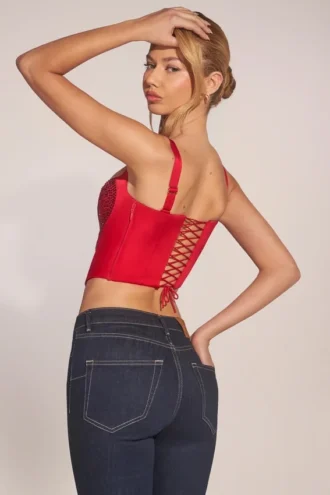 Allure Sweetheart-Neck Lace-Up Corset Top in Rose Red