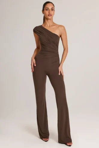 Alouette Modal One-Shoulder Jumpsuit in Chocolate Brown