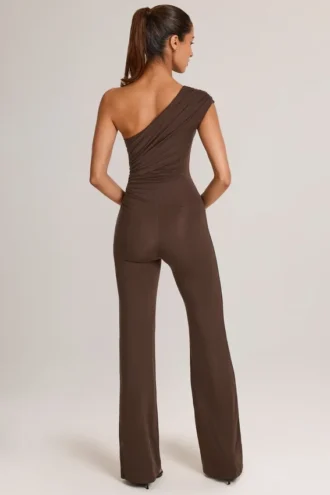 Alouette Modal One-Shoulder Jumpsuit in Chocolate Brown