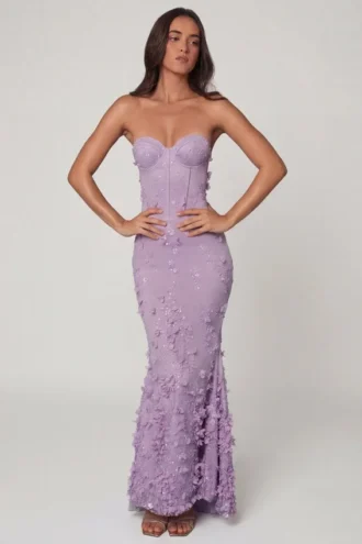 Amal Lace-Up Corset Maxi Dress in Lilac