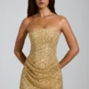 Amalina Embellished Bandeau A-Line Mini Dress in Gold
