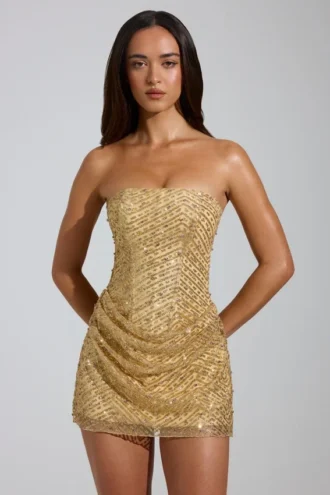 Amalina Embellished Bandeau A-Line Mini Dress in Gold