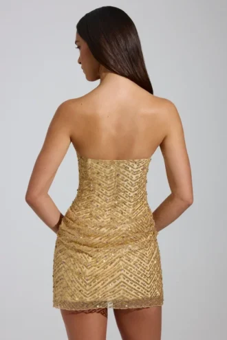 Amalina Embellished Bandeau A-Line Mini Dress in Gold