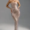 Amaya Embellished Bandeau Maxi Dress in Almond