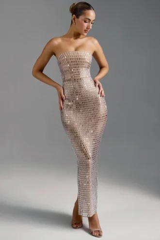 Amaya Embellished Bandeau Maxi Dress in Almond