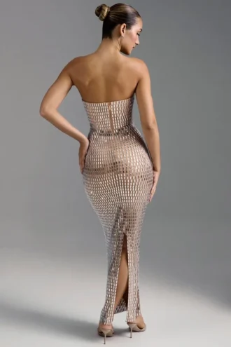 Amaya Embellished Bandeau Maxi Dress in Almond