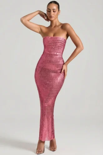 Amaya Embellished Strapless Bandeau Maxi Dress in Watermelon