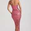 Amaya Embellished Strapless Bandeau Maxi Dress in Watermelon