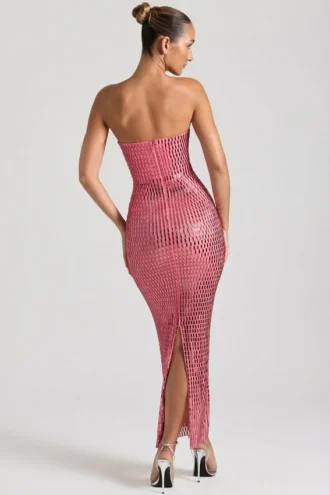 Amaya Embellished Strapless Bandeau Maxi Dress in Watermelon