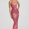 Amaya Embellished Strapless Bandeau Maxi Dress in Watermelon