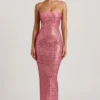 Amaya Embellished Strapless Bandeau Maxi Dress in Watermelon